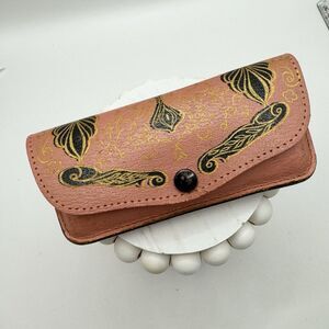 Vintage Pink Leather Eyeglass Case Black Gold Western Pattern Small Child size
